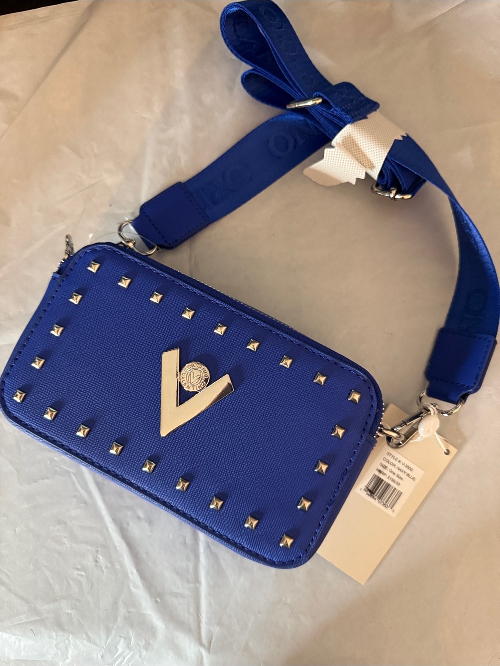 Valentino Orlandi Royal Blue Studded Crossbody Bag with Wide Strap
